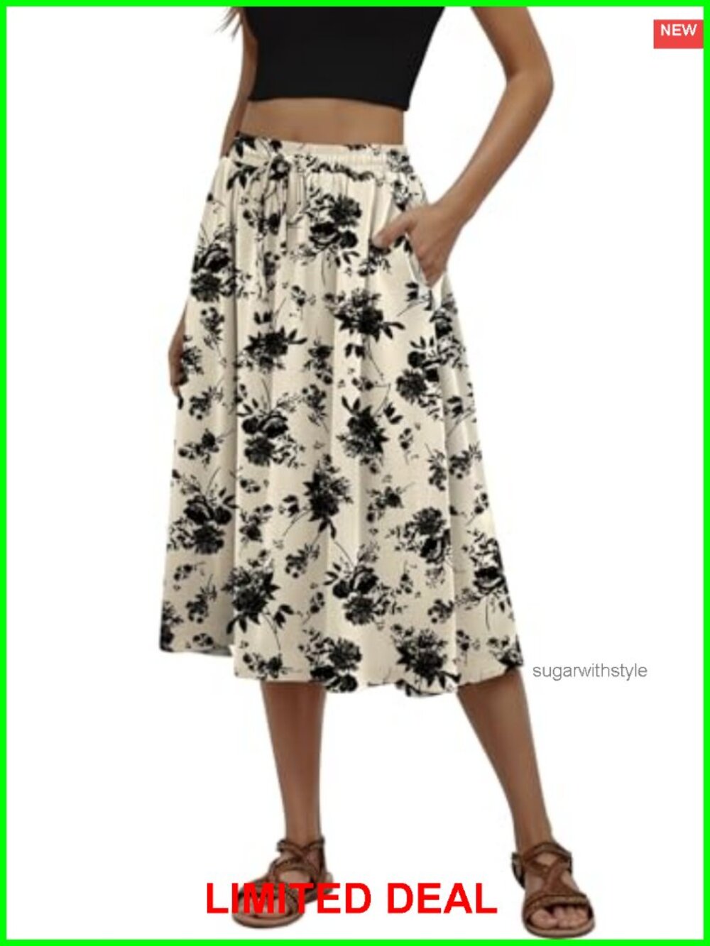 Midi Skirt Summer Pleated Flowy with Pockets Polyester Spandex